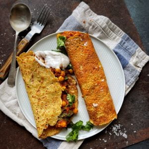 An image of Channa Masala with a chickpea Dosa