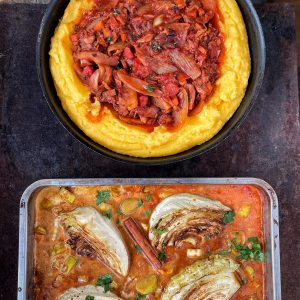 An image of charred crispy cabbage and chickpea stew and Mushroom, jackfruit & thyme Bourguignon with cheesy polenta