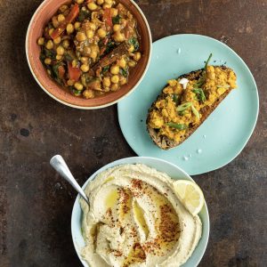 An image of Low fat chickpea curry, Chickpea scramble and Easy Hummus