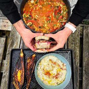 An image of Baba Ganoush and Braised Aubergine and butterbean curry