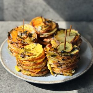 a photo of Wild Garlic Potato Towers