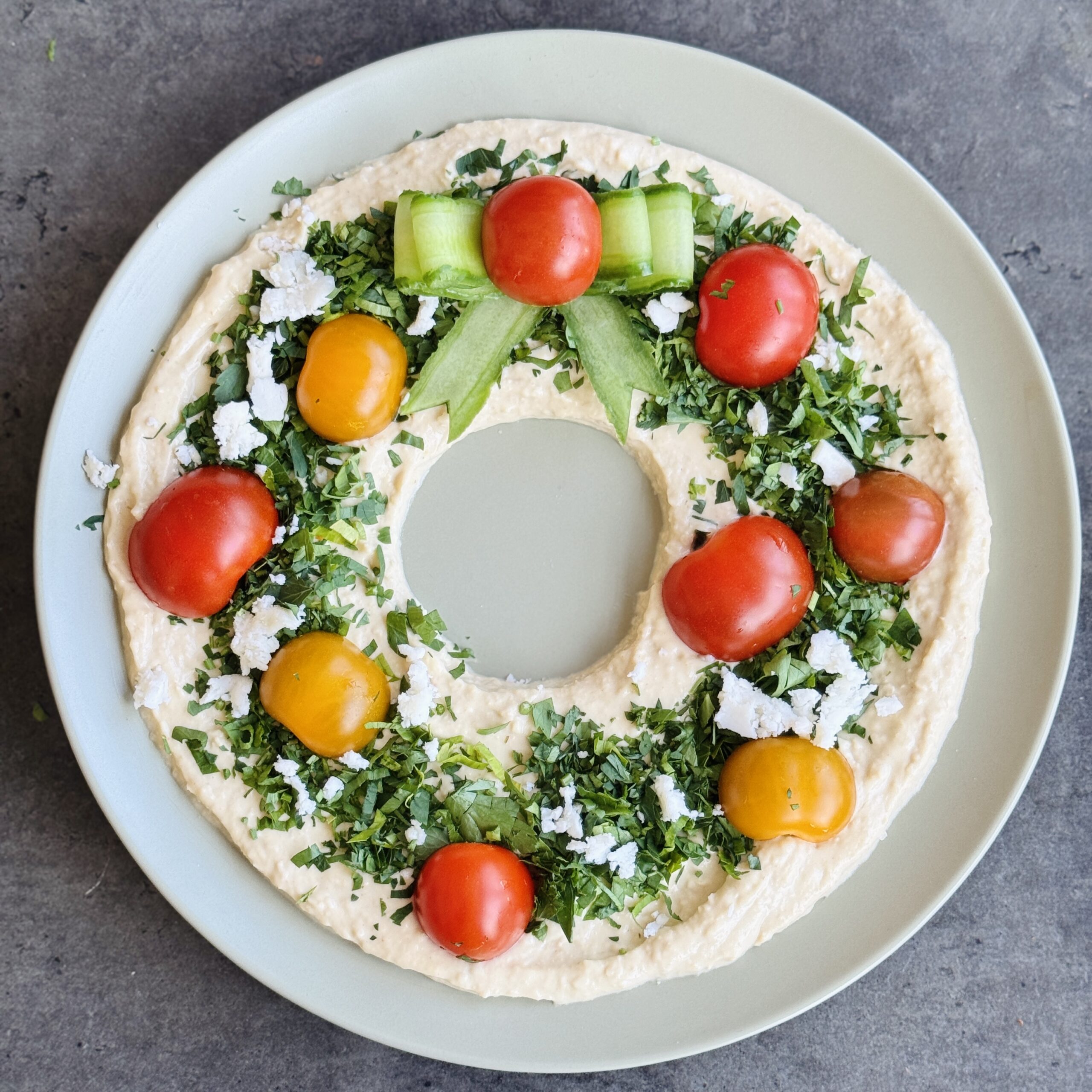 a photo of Hummus Christmas Wreath