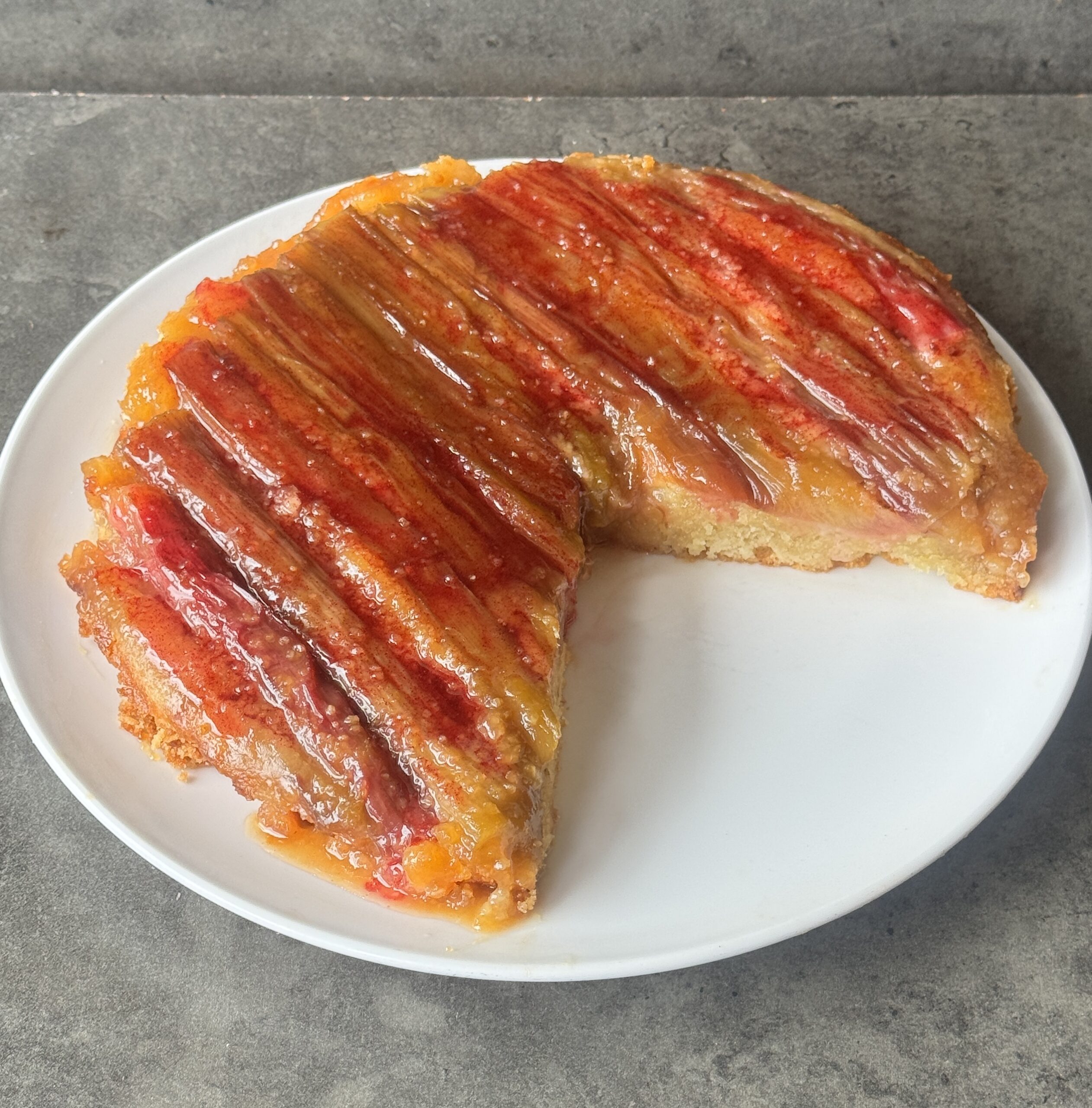 a photo of Upside-Down Rhubarb & Frangipane Cake