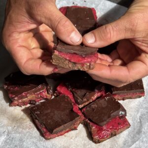 a photo of High-Protein No-Bake Raspberry Peanut Brownies